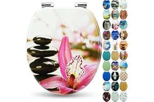 Sanfino® Premio Sedile WC ammortizzato - Copriwater Universale di alta qualità in legno, tanti motivi colorati, seduta comoda, facile da montare con istruzioni di montaggio incluse - "Pink Flower"