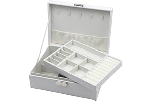 Homeanda Jewellery Box with Lock, 2-Layer Leather Jewellery Organizer boxes for Women Girls Teens, Large Jewellery Storage Box for Necklaces, Bracelets, Rings, Earrings -White