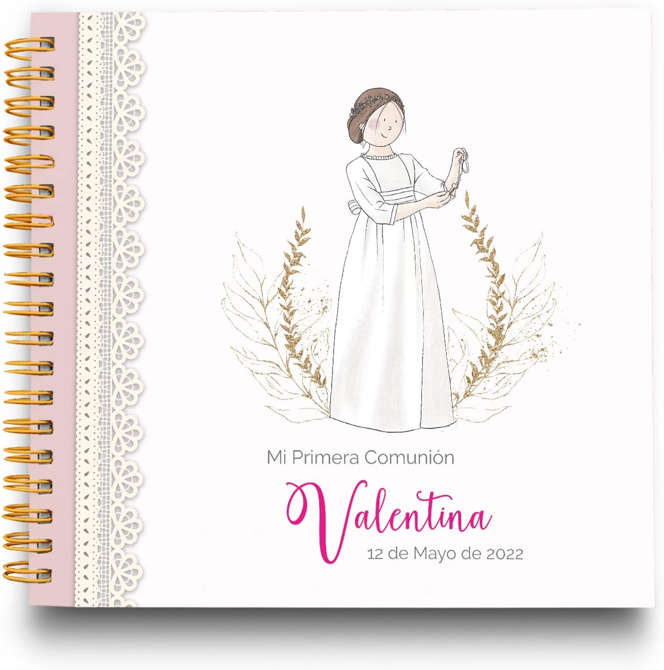 Libro de Firmas Comunión Niña Personalizado - Tamaño 25 x 21 cm. - Personalización en Portada con Foto y Nombre - 60 Páginas Impresas a Color