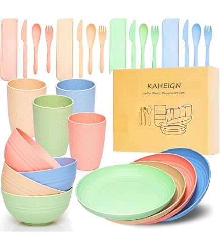 Ensemble Vaisselle Camping 4 Personnes 48 Pièces - Plastique PP Incassable, Micro-ondes & Lave-Vaisselle OK, Bol/Assiette/Gobelet/Couverts