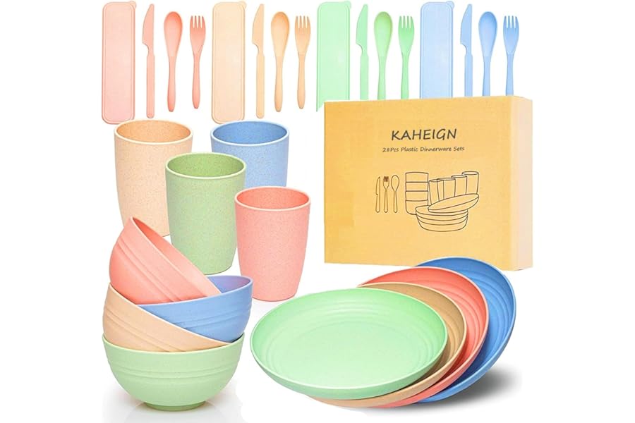 KAHEIGN 28Pcs Plastic Dinnerware Sets, 4 Sets Unbreakable Lightweight Plates, Cups, Bowls and Cutlery, Eco Friendly & Reusable Microwave & Dishwasher Safe Dish Bowl for Kids or Picnics