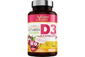 Kids Vitamin D3 1000 iu High Strength - Chewable Raspberry Flavour Vitamin D for Kids 4-12 Years, Vegan Society Registered Tablets not Gummies - 2 Months Supply - Made in The UK by YrHealth