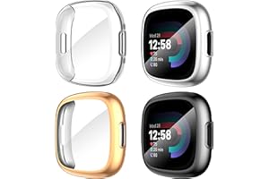 SUOMAN Diruite 4-Stück Schutzfolie für Fitbit Versa 4/Sense 2 Schutzhülle, HD Stoßfestes Weiche TPU Cover Vollschutz Display Schutz Hülle Schutz Case,Schwarz&Silber&Roségold&Transparent