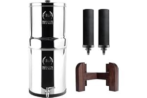 Système de filtration d'eau en acier inoxydable AISI 304 certifié NSF Phoenix Gravity de 6 litres avec 2 cartouches de charbon (noir), robinet en acier inoxydable gratuit et support en bois de teck