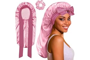 WAYMAYTECY 1 Stück Rosa Satin Bonnet Lange Seidenhaarhaube zum Schlafen,Schwarze Breitkrempige Schlafhaube mit Haargummi,Schlafen Schlafmütze mit Elastischem,für Lockiges Lange Haaren Glatt Atmungsaktiv
