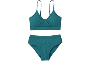 NAIYAFLY Girl's 2 Piece Swimsuit Solid Spaghetti Ribbed Bikini Sets Crop Top Brazilian High Waisted Beach Bathing Suit Swimwear for Teen Kids 8 9 10 11 12 13 14 Years