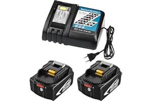 TOPBATT 2pcs BL1860 5,5Ah Batterie de Rechange pour Makita Batterie 18V avec Chargeur pour Makita Chargeur 18V DC18RCT 3A Compatible pour Makita 14.4V-18V BL1860 BL1850B