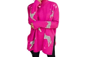 LUREBEST Casual Long Sleeve Top with Retro Tiger and Leopard Print, Women's Turtleneck Sweatshirts, Knit Long Sleeve Side Slit Casual Pullover Sweatshirt Tops