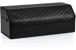 COSTWAY Boot Organiser Storage, Leather Foldable Car Trunk Organizer with Lid, Removable Divider, Collapsible Boot Storage Box for SUV, Sedan, Jeep, Camping and Home (51L, Diamond Shaped Surface)