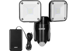 EDISHINE Faretto LED Esterno con Sensore di Movimento a Batteria con 2 Luci Rotanti 800LM, 6000K Bianco Freddo, IP44 Impermeabile, Illuminazione Esterna con Sensore per Patio, Giardino, Garage