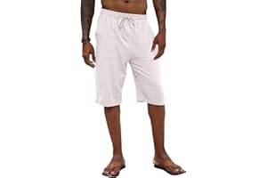 CTU Mens Linen Shorts 3/4 Length Pants Casual Cotton Yoga Joggers Summer Beach Elastic Short Pants
