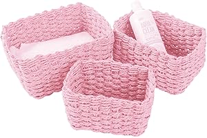 LOINFE Aufbewahrungskorb, 3er Set aus Korb Geflochten Aufbewahrungskörbe, Aufbewahrungsboxen für Accessoires Schminke, Badezimmer Organizer, Wickeltisch Organizer, Kleiner Korb bathroom storage baskets(Rosa)