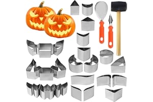 LIAILA 27 pezzi Kit Intaglio Zucca Halloween, con modelli, Kit Zucca Halloween in acciaio inossidabile, Set Intaglio Zucche, semplice e sicuro set, con vanga e martello, decorazione di Halloween fai -da -te