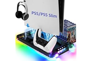 Auniq PS5/PS5 Slim Ständer mit Lüfter & RGB Licht, Vertikale PS5 Kühlung Ladegerät Stand PS5 Kühlstation Zubehör Controller Ladestation Headset Halter Steckplatz Standfuß für PS5/PS5 Slim Disc/Digital