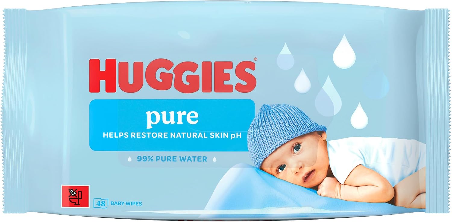 Huggies Pure Plastic Free Baby Wipes - Single Pack (48 Wipes) – 99% Water Wet Wipes, Fragrance Free, Hypoallergenic, Better Cleaning, Soft and Gentle on Babies' Delicate Skin