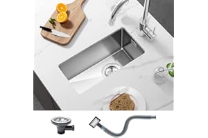 25*45*19cm Klein Spülbecken Edelstah 304, KEOKBON Küche Spüle Gebürstet Stain Küchenspüle, Unterbau oder Einbau Waschbecken für ab 45er Unterschrank-Anthrazit mit Überlauf und schnell Ablaufgarnitur