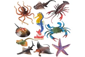 SIENON Ocean Sea Animals Toys Figures, 10Pcs Large Plastic Sea Creature Toys Ocean Animals Figurines Sea Horse Starfish Crab Lobster Octopus Devilfish Rays Under the Sea Life Figures Cake Toppers