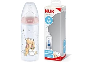 NUK First Choice+ Disney Babyflasche | 0–6 Monate | Temperature Control Anzeige | 300 ml Flasche mit Anti-KoliK-Ventil | BPA-frei | Trinksauger aus Silikon | Winnie Puuh (Rosa)