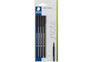 STAEDTLER Fineliner Triplus, forma triangular ergonómica, punta superfina de 0,3 mm, Dry Safe, cuerpo plástico 97% reciclado, 4 rotuladores de color negro en blister, 334-9 BK4