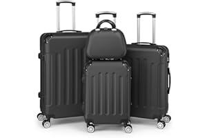 LEADZM Kofferset 4 teilig, Reisekoffer Set mit Kosmetikkoffer und Eckenschutz, Koffer Set Hartschalen-Trolley aus ABS mit Teleskopgriff, Handgepäck (Schwarz)