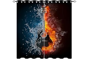 ‎YUANZU YUANZU Musik Vorhänge Gitarre in Feuer und Wasser Ösen Gardinen mit Blickdichte Thermo Vorhang Kälteschutz Blackout Curtain Kinderzimmer Schlafzimmer Verdunkelung Fenster, 2 Stück, H 137 x B 132 cm