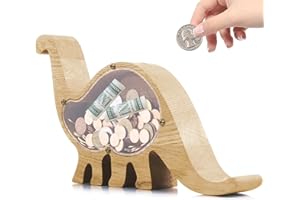 Wooden Dinosaur Piggy Bank,Ompinda Unbreakable Wooden Dino Money Saving Box for Boys or Girls,Coin Piggy Bank for Christmas,New Year, Easter or Birthday Gift (A)