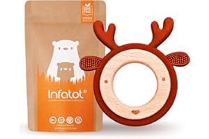 Infatot® Wooden Teething Toy for Babies – Christmas Reindeer – Natural Baby Teether Ring with Silicone Beads, Infant Toy 0-6 Months, Baby Essentials, Safe Chew Toy for Newborns & Infants – Brown