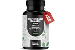 ‎BLOOM NATURALS BEAUTY SUPPLEMENTS Mariendistel Artischocke Löwenzahn Komplex Hochdosiert - 150 Kapseln - 5-in-1 Komplex mit Mariendistel + Artischocke + Löwenzahn + Desmodium + Cholin - Vegan Laborgeprüft - Verpackung kann variieren