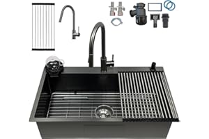 KOOGIMDDR Fregadero de cocina de acero inoxidable de 80 x 50 cm, con 1 cubeta gris y negro, con rejilla de acero inoxidable nano, lavabo de cocina con 3 agujeros escurridor de apoyo con grifo, con