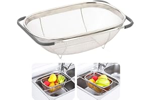 HOJKMA Edelstahl Sieb für Spüle Abtropfsieb Ausziehbar, Über dem Spülsieb Erweiterbares Ovales Siebkorbsieb mit Gummigriffen 6 Quarts Sieb für Küchenspüle, Abfluss, Spülen von Obst, Gemüse, Grau