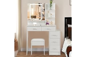 Guanglai Vanity Desk Set with Lights and Drawers, Vanity Dresser with Mirror 3 Lighting Colors, for Bedroom White, Adjustable Brightness