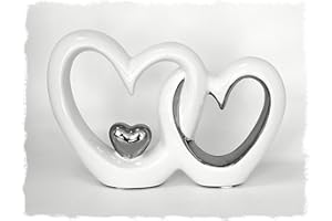 TEMPELWELT Deko Figur Doppeltes Herz Herzen Paar, 13 x 19 cm, Keramik Lackiert Weiß Silber Chrom, Herzchen Herzfigur Herzaufsteller Dekoherz Modern