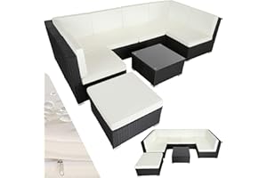 TecTake® Rattan Garden Lounge Set Including 6 Chairs, 1 Stool, 1 Table and Cushions, Modular Sectional self assembly sofa. Garden furniture for Patio, Garden, Balcony, outdoor furniture - black
