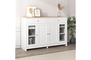Becag Sideboard Kommode Weiß, Küchenschrank mit 4 Türen und 2 Schubladen, 2 Tür mit Glas, Buffetschrank Cabinet Sideboard Wohnzimmer Küche mit Holzfarbe Arbeitsplatte, 120Lx37Bx80H, Holzfarbe und Weiß