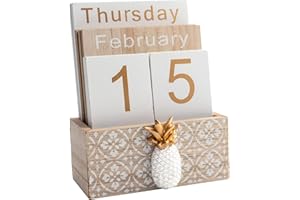 Notakia Calendario perpetuo de bloque de madera vintage, con visualización de fecha y mes para el hogar, oficina, escritorio, decoración rústica, piña marrón