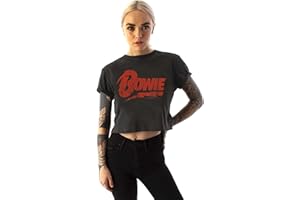 OFFICIAL Amplified David Bowie T-Shirt Cropped for Women | Ladies Band Music Logo Crop Grey Top | Festival Merchandise