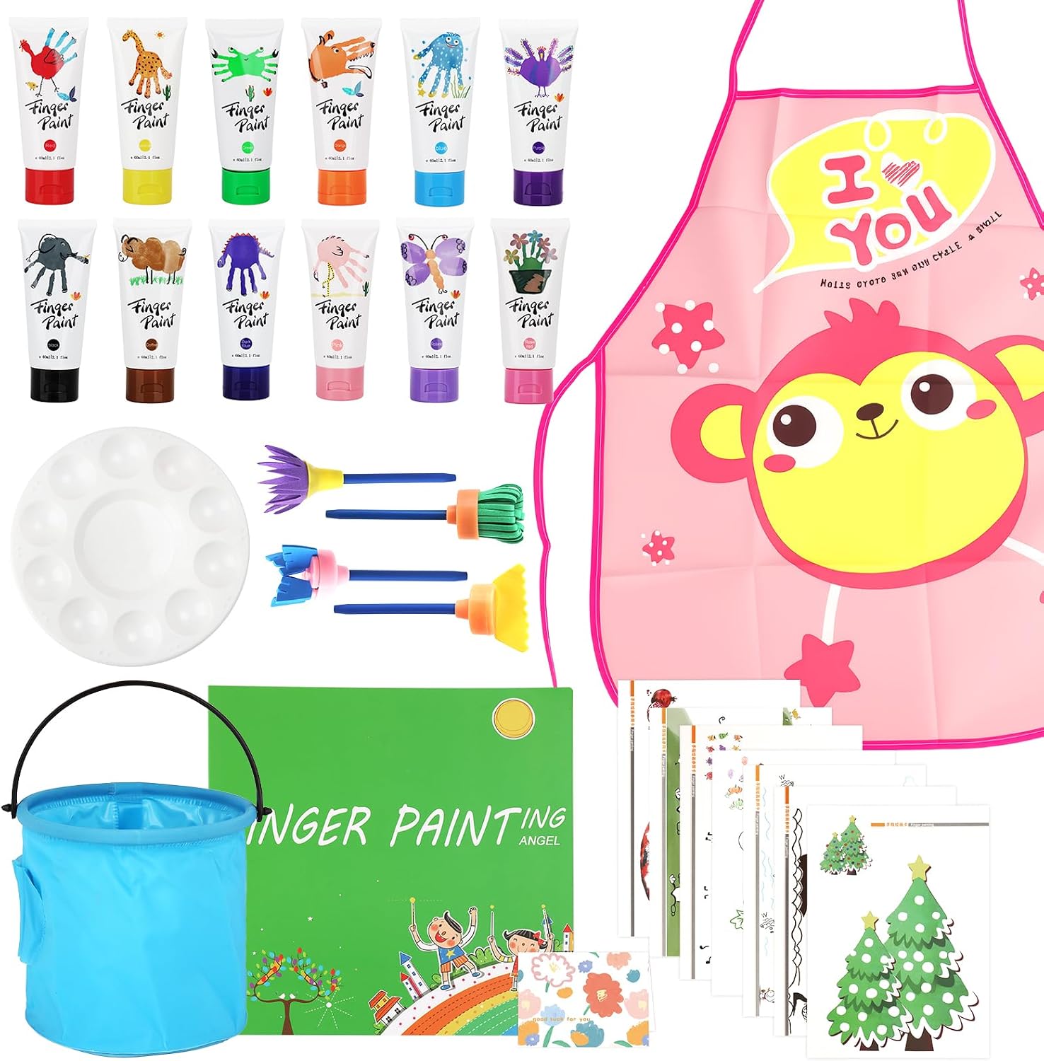 TOSUTO 51 Pcs Pintura de Dedos para Niños Lavable,Juego de Pintura para Dedos No Tóxicas,12 Colores (60ml),con Pinceles,Esponja,Paleta y Bata,Niños Pintura Temprana Artes DIY Artesanías