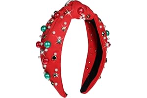 GREVOSEA Christmas Headbands for Women, Pearl Knotted Headband Xmas Red Green Pearl Rhinestone Crystal Jeweled Hairband Fashion Elegant Wide Top Knot Hair Accessories for Holiday Outfits Gifts(Red)