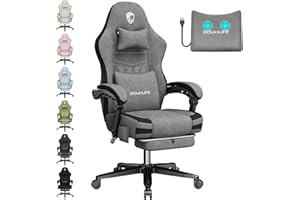 Douxlife Sedia Gaming in tessuto con Cuscino Lombare Massaggiante, Ergonomica Sedia da Ufficio con Cuscino Primaverile, Poggiapiedi, Portata 158kg, Grigio Chiaro