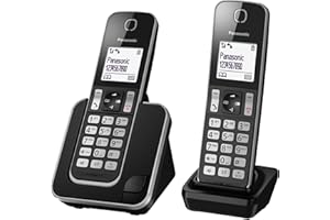 Panasonic KX-TGD312JTB Telefono Cordless Digitale, Unità Base e 2 Ricevitori, Display LCD Bianco, Vivavoce, ID Chiamante, Blocco Chiamate Indesiderate, Modalità Eco Plus, Sicurezza DECT, Nero