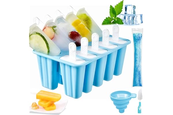Moule à Glace, Moule Silicone Glace pour Adultes et Enfants, Réutilisables Popsicle Mold, Moule Glace à l'eau avec Pinceau de Nettoyage et Entonnoir de Pliage (Bleu, 10 Cavités)