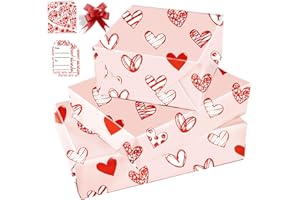 ZALIOAN Valentine's Day Wrapping Paper，4 Red Heart Gift Wrapping Paper Floded 70 * 50 with 4 Bows,4 Cards,4 Tags，Gift Wrap Pack for Kids,Baby,Female,Male on Birthday