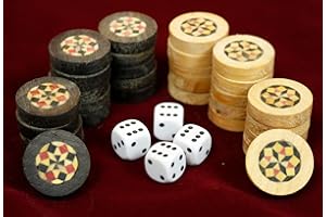 ELESSAR Original Handgefertigte Holz Backgammon DAMA Mosaik Steine 30 Stück aus Holz in Handgefertigt Samtbeute mit 4 Würfelsteine (Ø26 mm)