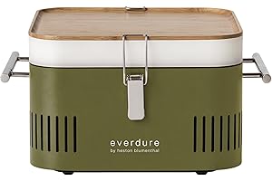 Everdure by Heston Blumenthal Cube Portable Charcoal BBQ Grill – Compact Travel Barbecue with Bamboo Tray, Chrome Rack, Porcelain Enamel Firebox & Cool Touch Handles – Outdoor Camping BBQ in Khaki