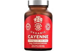 LONDON HERBS Organic Cayenne Pepper Capsules 500mg | 2mg Capsaicinoids Including Capsaicin | 60 Vegan Capsules with Zero Fillers or Synthetic Ingredients - 100% Pure & Natural Cayenne Powder
