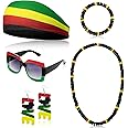 Hoteam 5 Pieces Rasta Women's Jewelry Set: Rasta Headband, Sunglasses, Wood Dangle Earrings, Jamaica Necklace, Bracelet for Women