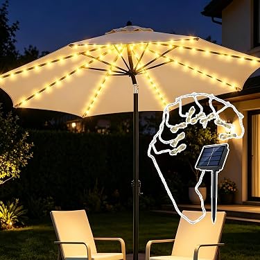 Bestlivings Solar Lichterkette Für Sonnenschirm – 112 LEDs Warmweiß, 2 Modi, Inkl. Erdspieß & Klammer, Gartenbeleuchtung Gartenbeleuchtung Solar