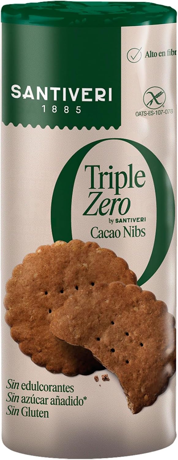 SANTIVERI - Galletas Nibs Cacao Triple Zero, Galletas Crujientes con Avena Integral y Cacao, Altas en Fibra, Sin Edulcorantes, Sin Azúcar Añadido Ni Gluten, Vegano - 210 g