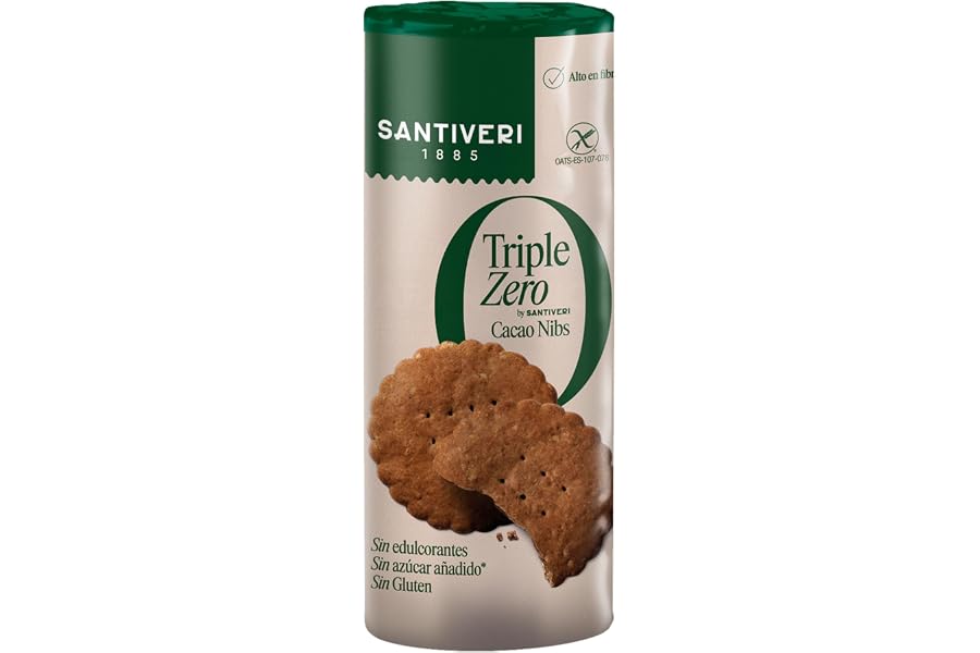 SANTIVERI - Galletas Nibs Cacao Triple Zero, Galletas Crujientes con Avena Integral y Cacao, Altas en Fibra, Sin Edulcorantes