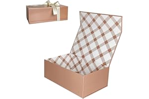 Tekhoho Caja de Regalos Oro Rosa 27x17,5x10 cm, Caja de Regalos Premium con Tapa MagnéTica y Cinta para Embalaje de Regalos de Bodas y CumpleañOs, Forro a Cuadros